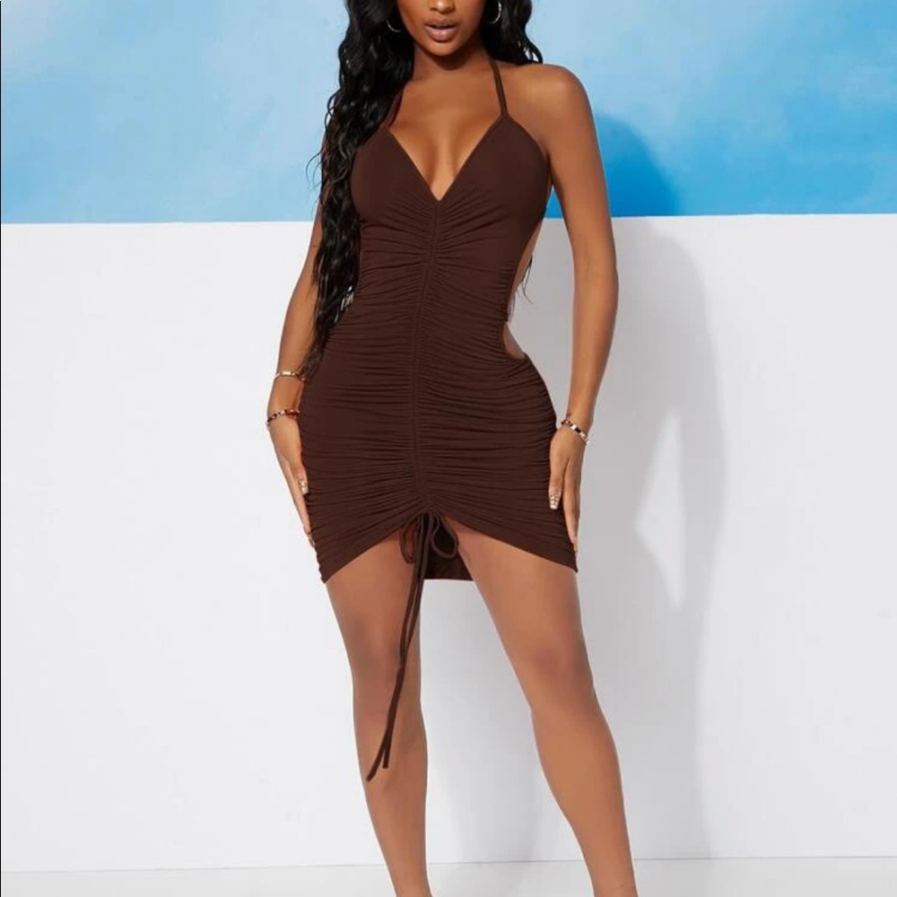 SHEIN Brown Drawstring Ruched Open Back Bodycon Dress - Picture 6 of 7